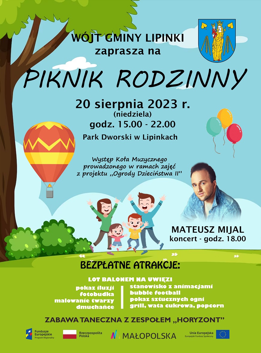 Grafika przedstawia plakat odnośnie Pikniku rodzinnego w Lipinkach