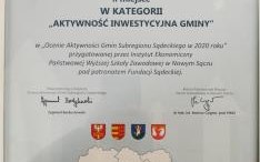 II miejsce w kategorii aktywności inwestycyjnej Gminy Lipinki - Ocena Aktywności Gmin Subregionu Sądeckiego